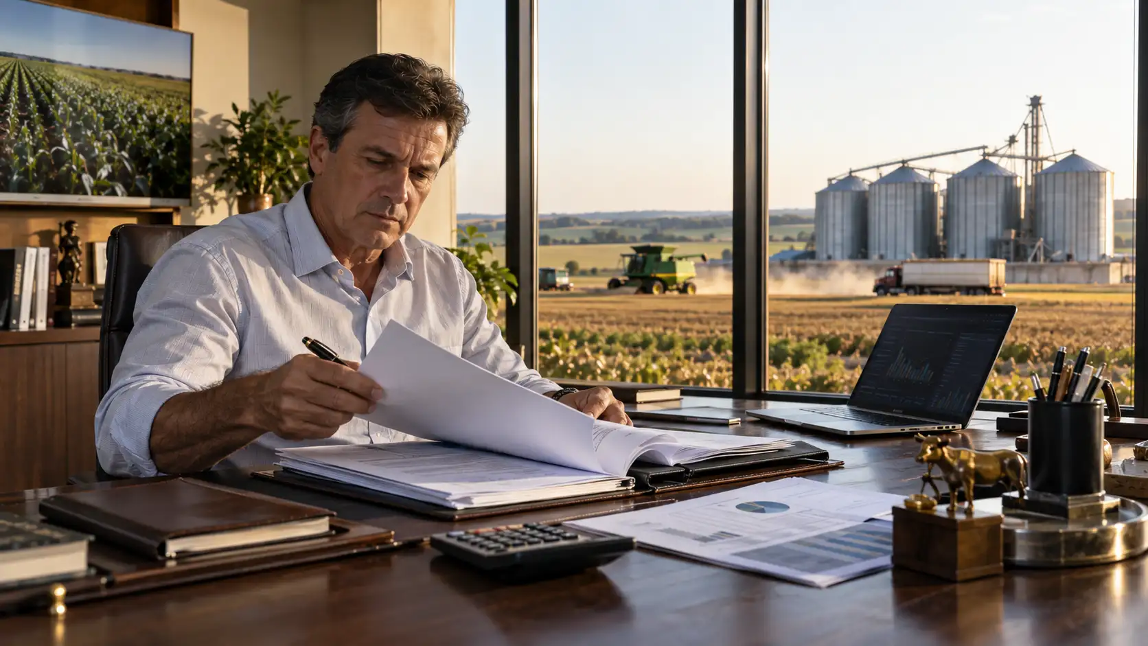 Produtor rural analisando contrato de crédito rural e seguro prestamista em possível caso de venda casada