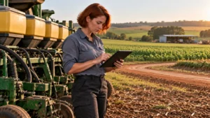 Técnica agrícola brasileira utilizando um tablet para registrar atividades rurais e operações de campo ao lado de um implemento agrícola.