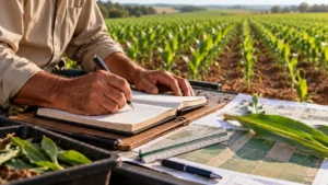 Trabalhador rural preenchendo um caderno de campo em papel durante o acompanhamento de uma lavoura de milho.