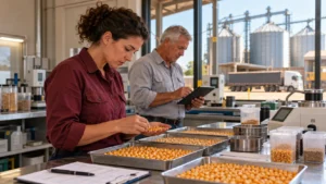 Engenheira agrônoma analisando amostras de milho enquanto profissional registra resultados de classificação em cooperativa agrícola.