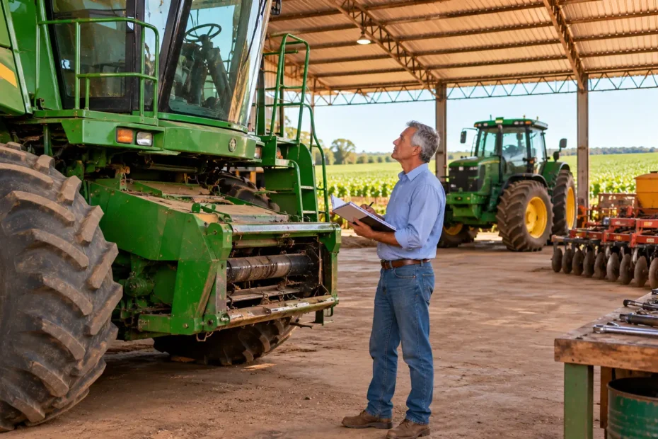 Produtor rural brasileiro conferindo registros de manutenção de uma colheitadeira parada em galpão agrícola.