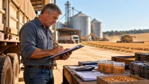 Responsável pela produção rural conferindo registros de produtividade e quantidades colhidas ao lado de uma carreta graneleira.