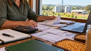 Trabalhadora rural organizando notas fiscais, recibos de insumos e despesas agrícolas para calcular os custos de produção por hectare.