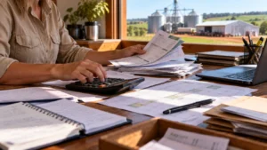 Mãos de uma profissional organizando comprovantes bancários, notas fiscais e calendário de pagamentos para controlar o fluxo de caixa rural.