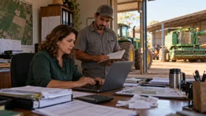 Administradora rural e operador de máquinas analisando registros de uso de equipamentos agrícolas em escritório de fazenda.