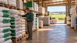 Engenheiro agrônomo verificando embalagens e condições de armazenamento de fertilizantes em depósito de propriedade rural.