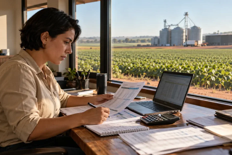 Gestora rural brasileira analisando calendário de pagamentos, extratos e planilha financeira em escritório de fazenda.