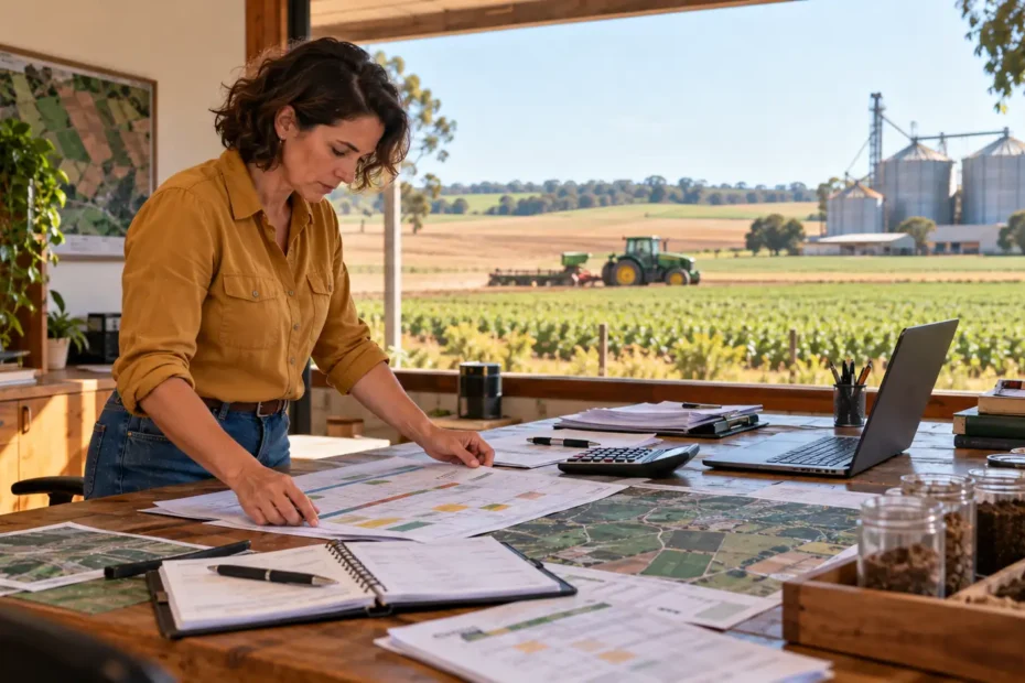 Gestora rural brasileira organizando calendário anual, mapas de talhões e registros de manutenção para planejar as atividades da propriedade agrícola.