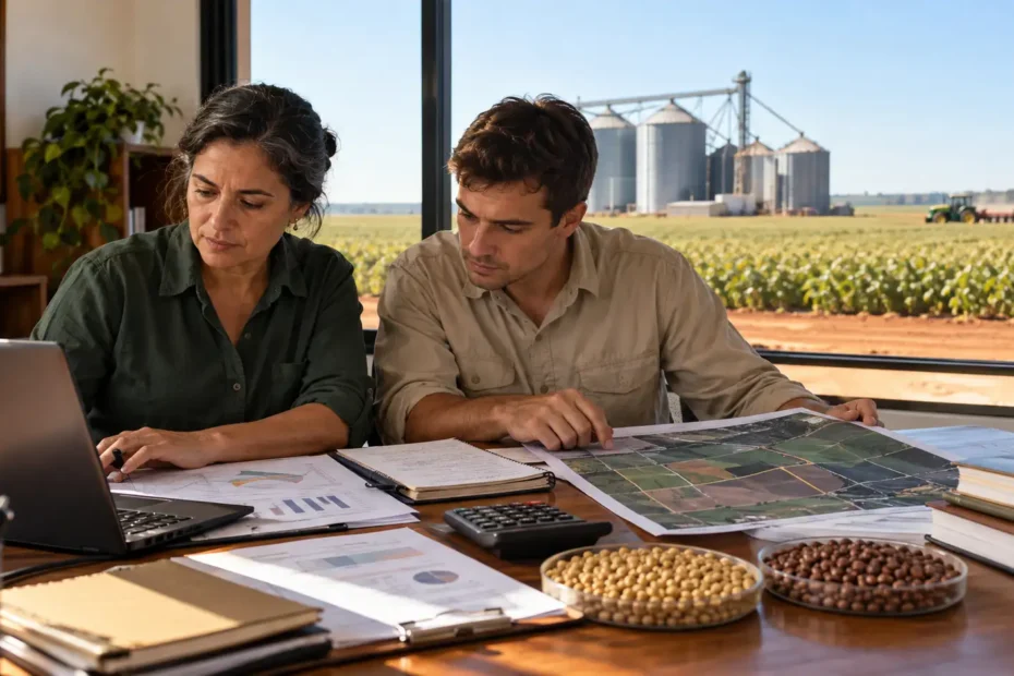 Administradora rural e técnico agrícola analisando relatórios de produtividade, custos e desempenho em escritório de fazenda.