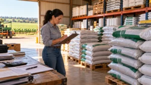 Trabalhadora rural realizando contagem física de sacarias de fertilizantes organizadas sobre paletes em depósito agrícola.