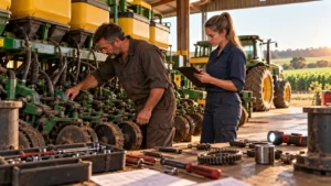Mecânico agrícola inspecionando uma semeadora enquanto operadora rural confere registros de manutenção em uma propriedade agrícola.