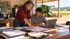 Administradora rural e colaborador analisando calendário de pagamentos e informações financeiras em escritório de propriedade agrícola.