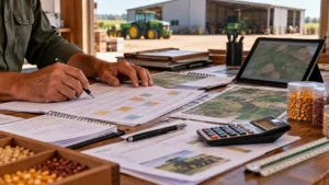 Profissional rural organizando calendário mensal, mapas de talhões e registros de manutenção para planejar as atividades agrícolas da fazenda.