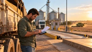 Produtor rural brasileiro analisando comprovante de pesagem e calculando o resultado da safra próximo a uma carreta graneleira.