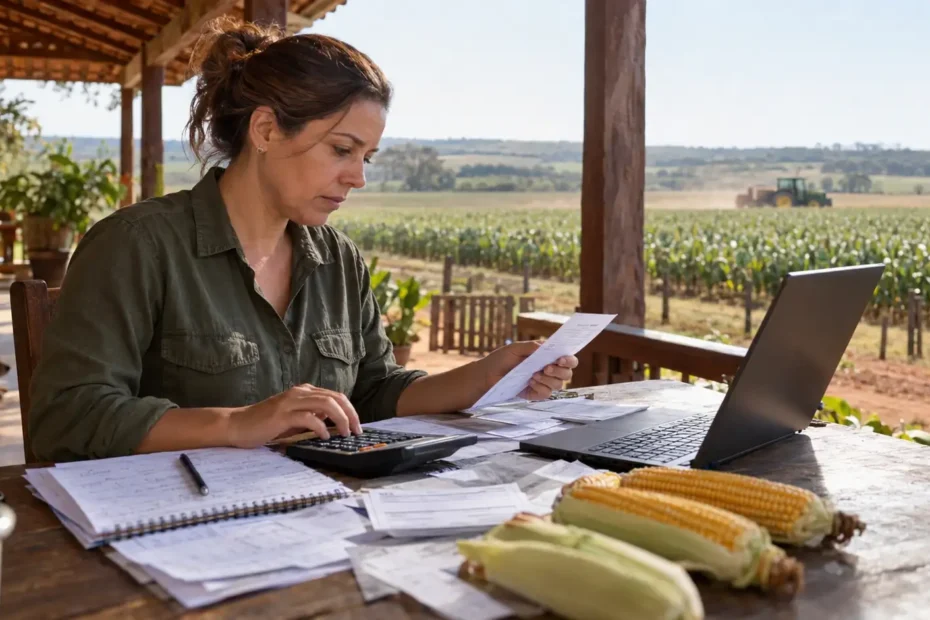 Produtora rural brasileira analisando documentos de despesas agrícolas para calcular o custo de produção por hectare.