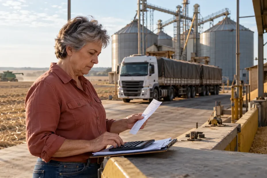 Produtora rural brasileira analisando comprovante de pesagem e fazendo cálculos no pátio de recebimento de grãos.