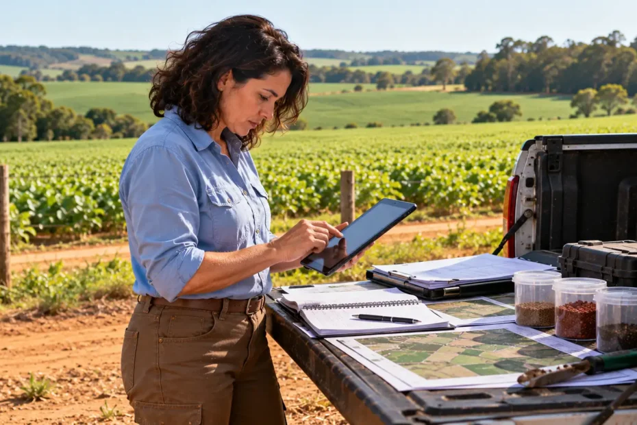 Produtora rural brasileira comparando anotações em caderno físico com registros digitais em tablet ao lado de uma lavoura de soja.