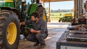 Técnico de manutenção agrícola verificando pneus e componentes de um trator estacionado em galpão de propriedade rural.